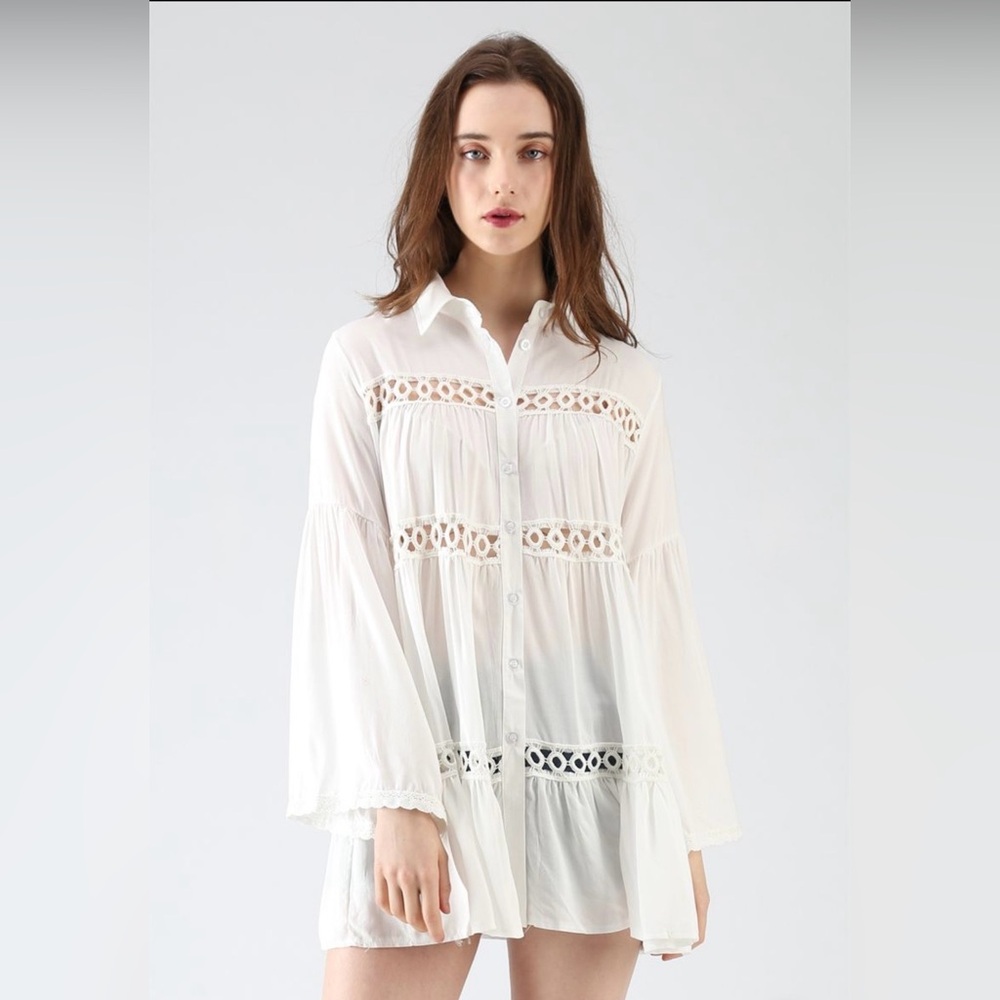 Women's White Crochet-Panel Button-Down Beach Cover-up. Size M